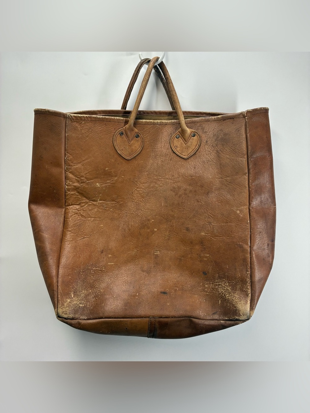Vintage 50s 60s LL Bean Distressed Leather Handle Boat Tote Bag Script Hearts
